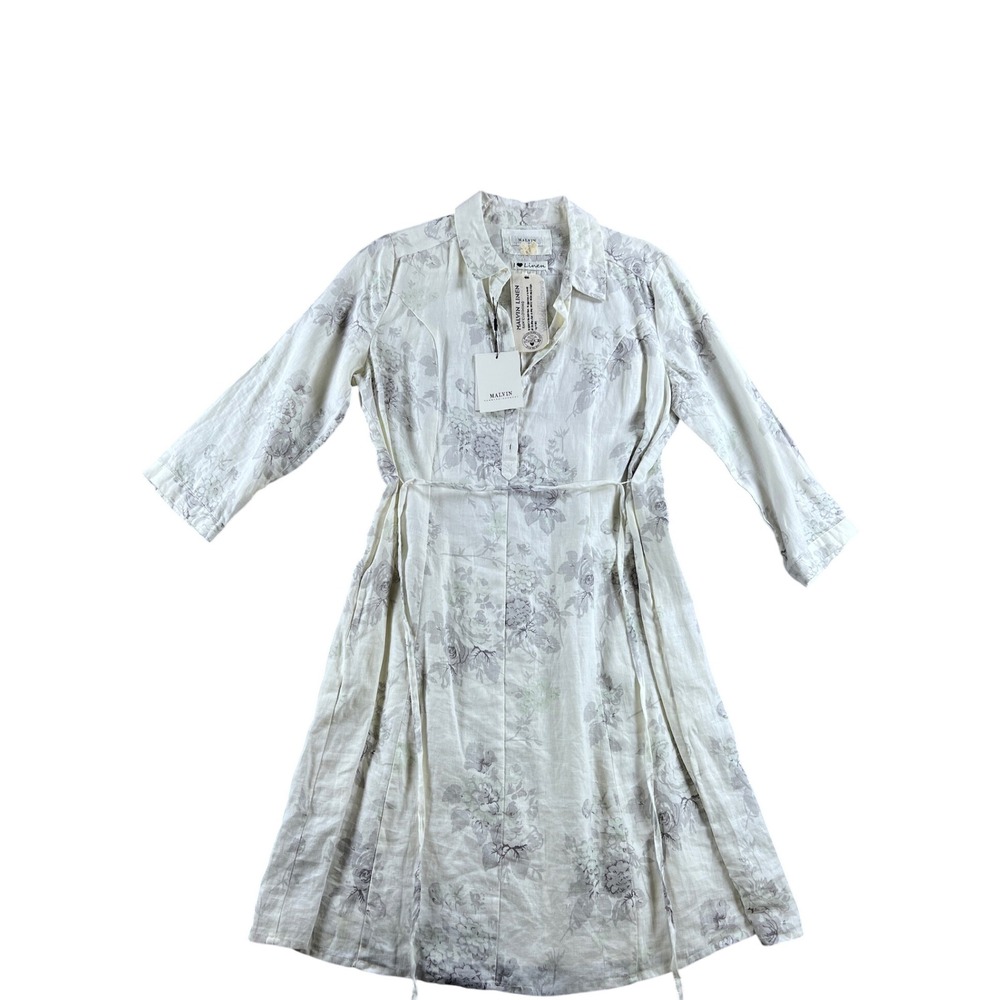 Malvin Linen Raw Clothing Floral Shirt Dress Grey White Midi NWT Size M US 8
